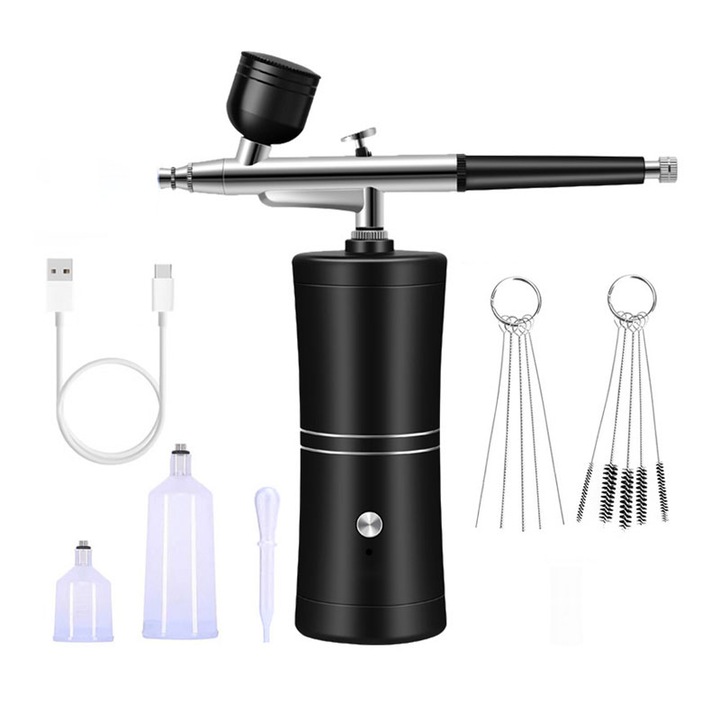 Hordozható Airbrush készlet, kézi permetező, fúvóka 0,3 mm, USB töltés, manikűrhöz, testfestéshez, félig tartós tetováláshoz, tortadíszítéshez, fekete