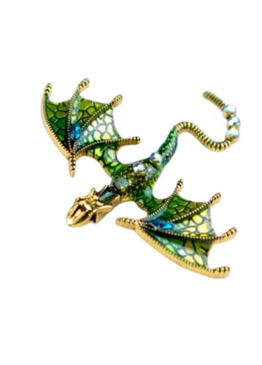 Brosa dama, Model Dragon, Metal, 6.8x6cm, Auriu/Verde