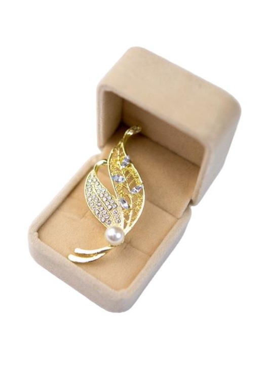 Brosa dama, Fashion Jewelry, Model frunza de artar, Perle/Zirconiu, 5x6cm, Auriu