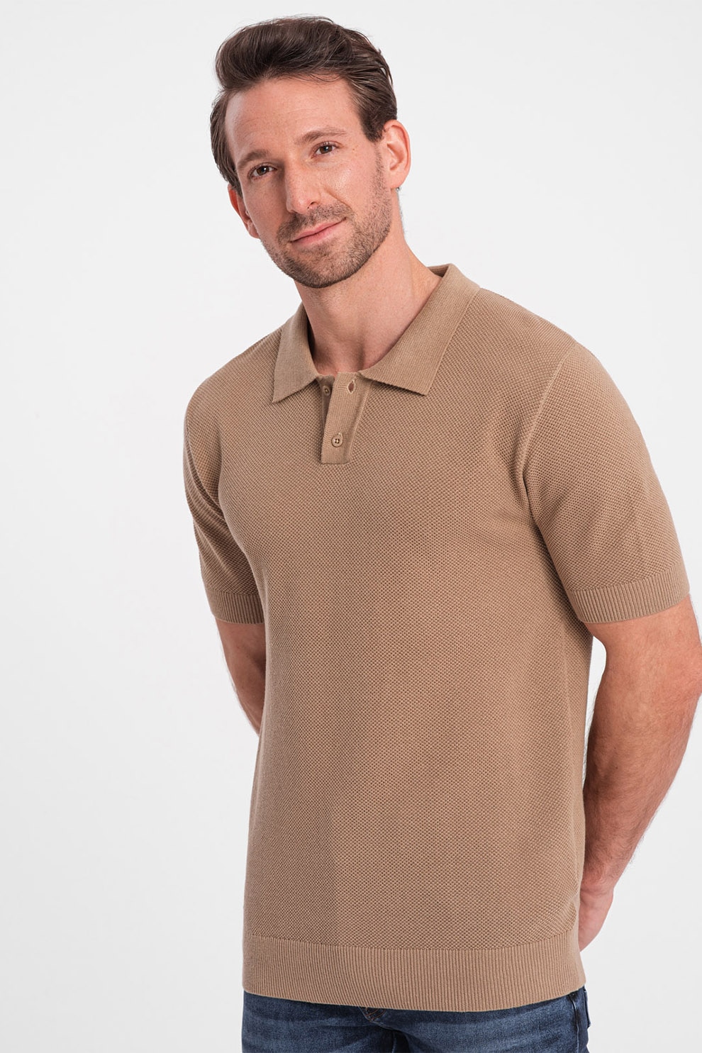 OMBRE, Tricou polo din bumbac pique, Maro nisip, M