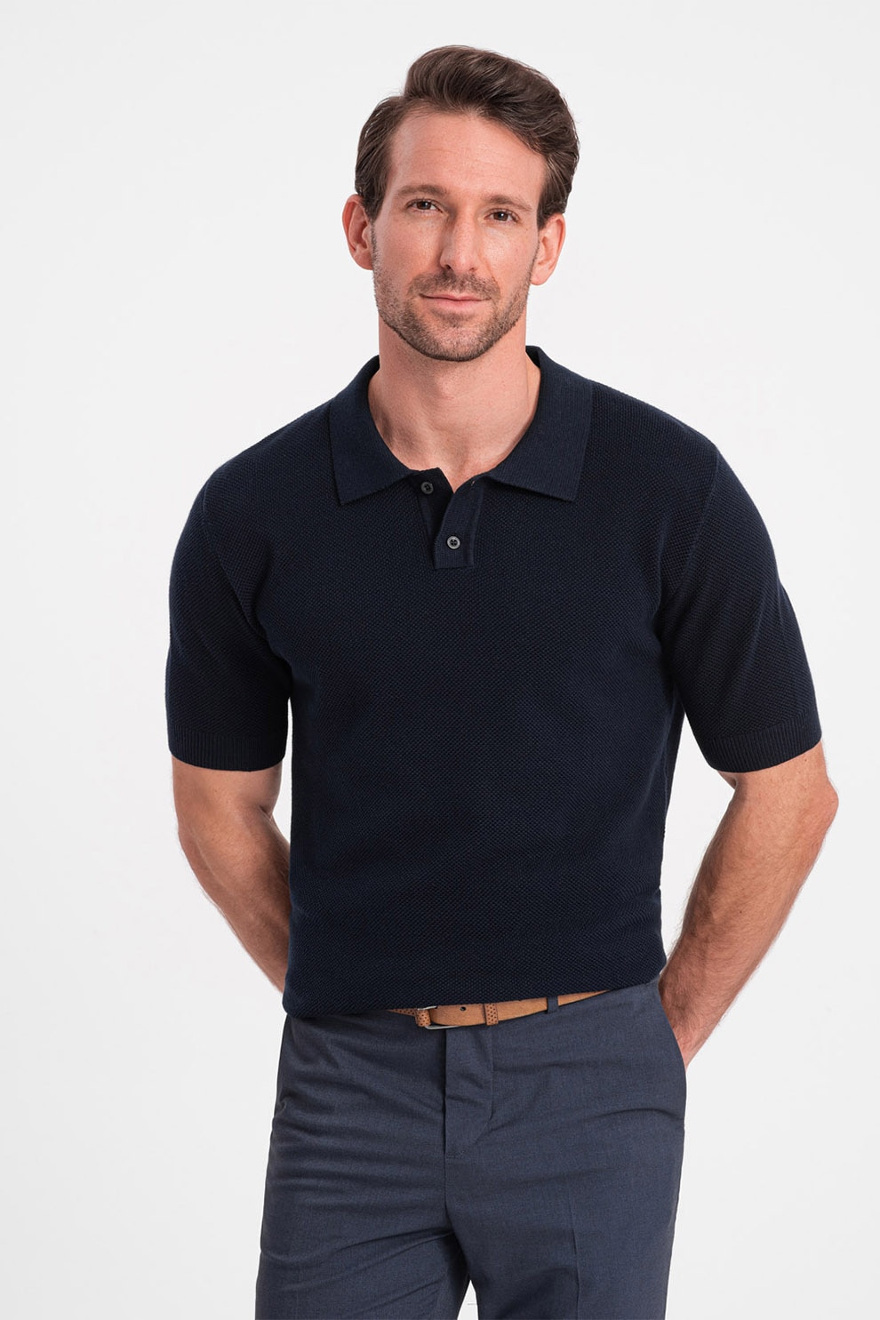 OMBRE, Tricou polo din bumbac pique, Bleumarin, S