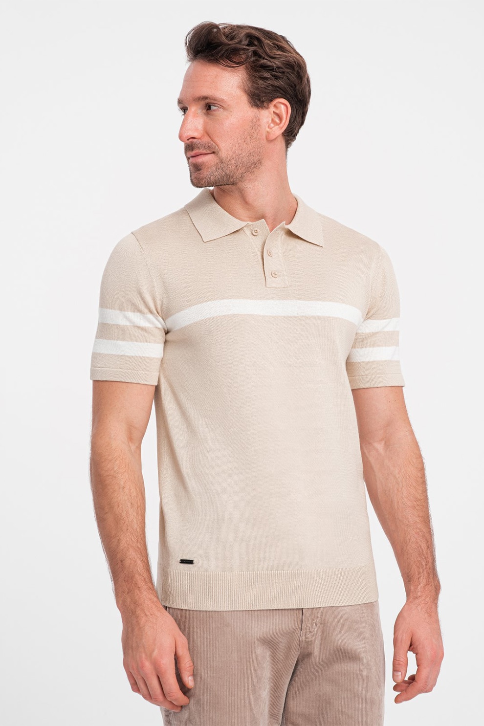 OMBRE, Tricou polo cu dungi contrastante, Maro nisip, XL