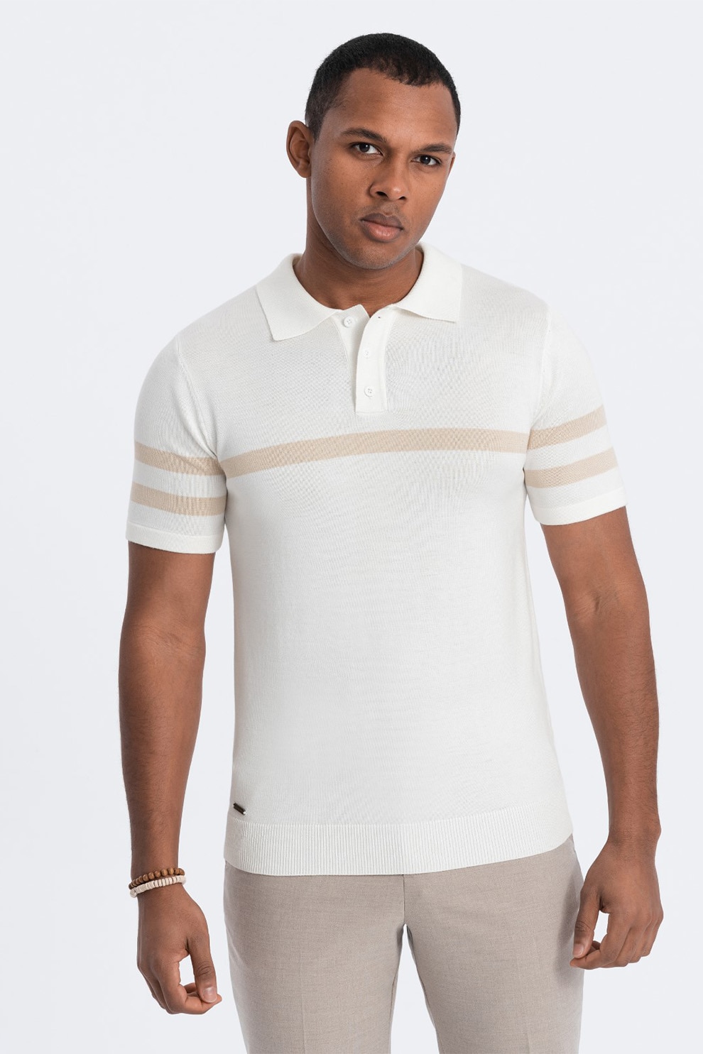 OMBRE, Tricou polo cu dungi contrastante, Alb murdar, L