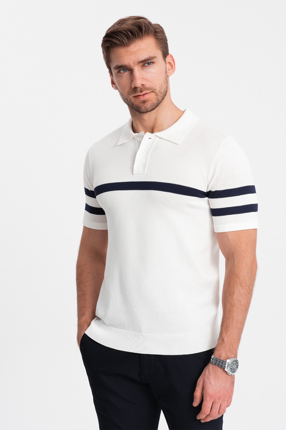 OMBRE, Tricou polo cu dungi contrastante, Alb optic, XL