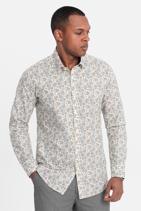 OMBRE, Camasa de bumbac cu model floral, Alb/Grej