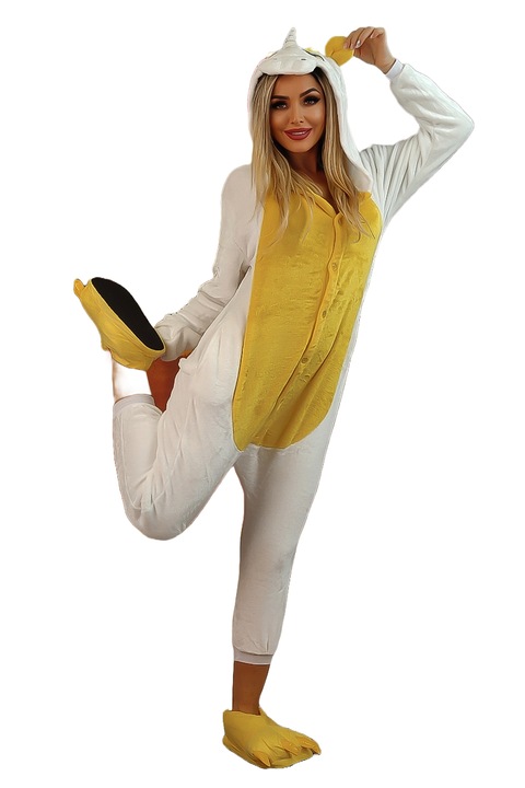 Set pijama si papuci de casa dama, WildFashion, Poliester, 3185, Alb/Galben