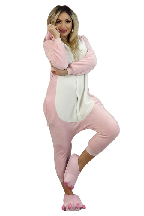 Set pijama si papuci de casa dama, WildFashion, Poliester, 3192, Roz, XL