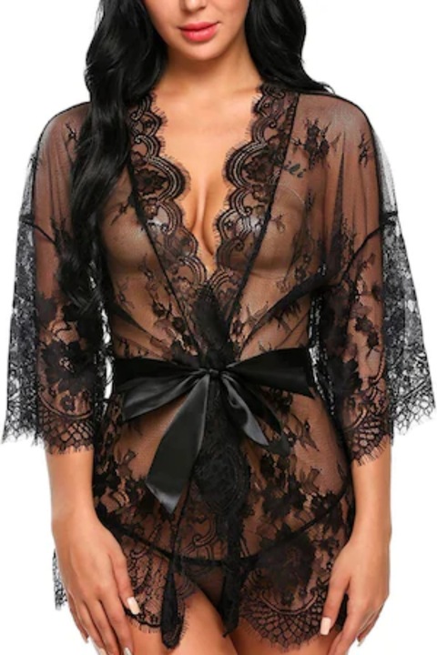 Set halat/chiloti sexy dama, Simply Joy, Poliester/Elastan/Dantela, Negru, XL