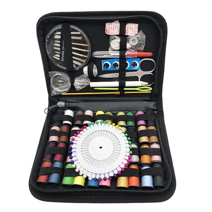 Set 128 Articole pentru cusut, Husa/Foarfece/Ata/Accesorii, Multicolor