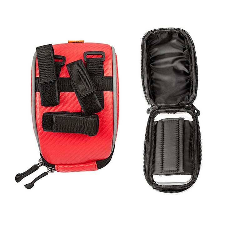 Geanta ghidon bicicleta, impermeabila, cu suport smartphone pana la 16.5cm, negru-albastru, 18x10.8x9cm