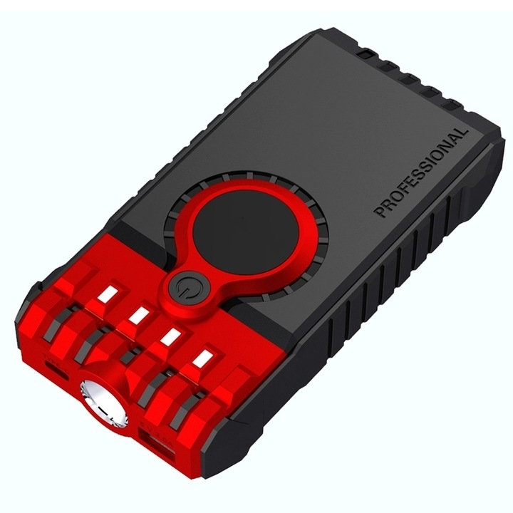 Car Jump Starter, BOMSTOM, 5500A/6000A, 12V, Akkumlátor kapcsot tartalmaz, USB gyorstöltéssel, LED lámpával, 6,0 literes benzines és 4,0 literes dízelmotorral, fekete/piros