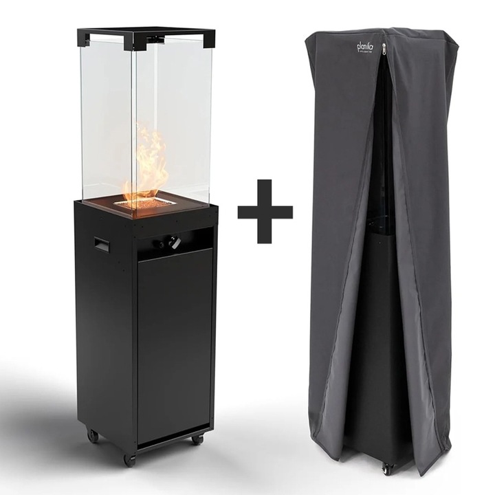Faro, cu Husa, Planika, Incalzitor de terasa, Negru, 8 kW, 55 de ore de ardere, Dimensiuni: 36x36x150 cm