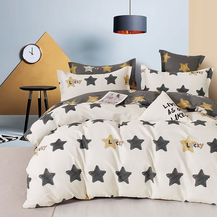 Ágynemű egy személyre Percale nyomott pamut 100% 3 db lepedő 160x240 cm, paplan 150x220 cm, párnahuzat 50x70 cm, Stars Beige / Grey, Fuscous