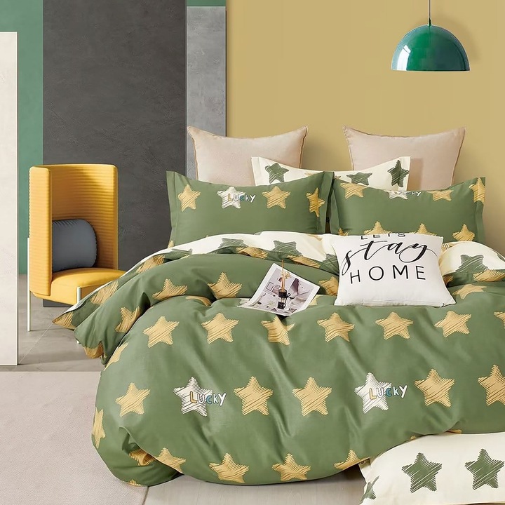 Ágynemű egy személyre Percale nyomott pamut 100% 3 db lepedő 160x240 cm, paplan 150x220 cm, párnahuzat 50x70 cm, Stars Yellow / Green, Pucioasa