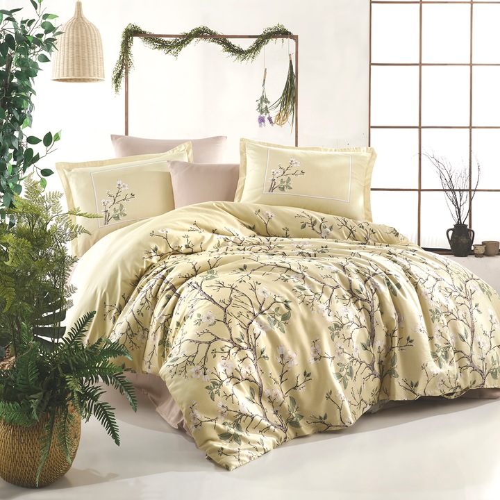 Prémium lenvászon Lux Szatén 100% Pamut 4 db king size 240 x 260 cm, Modern, Sárga, Classy ALVIN V2