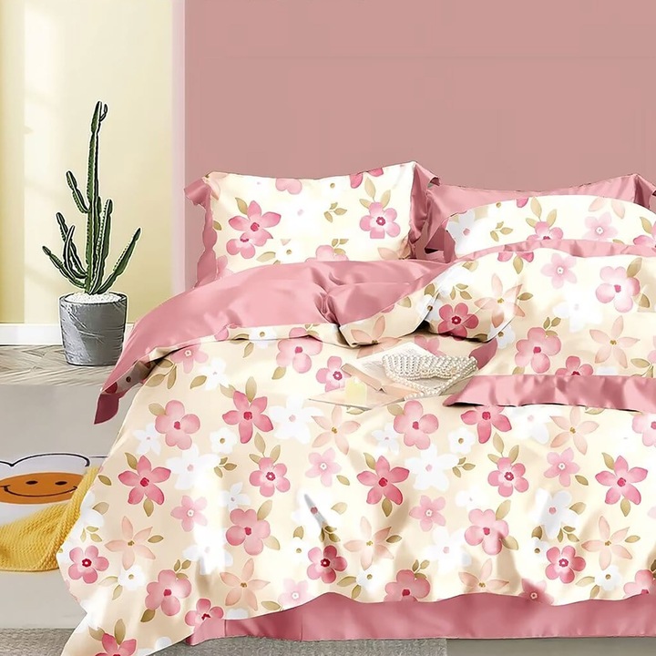 Спално бельо за един човек Перкал щампован 100% памук 3 броя чаршаф 160x240 см, юрган 150x220 см, калъфка 50x70 см, Розови цветя, Fucioasa