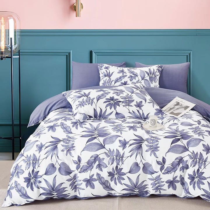 Ágynemű egy személyre Percale nyomott Pamut 100% 3 db lepedő 160x240 cm, paplan 150x220 cm, párnahuzat 50x70 cm, Modern Fehér / Lila, Pucioasa