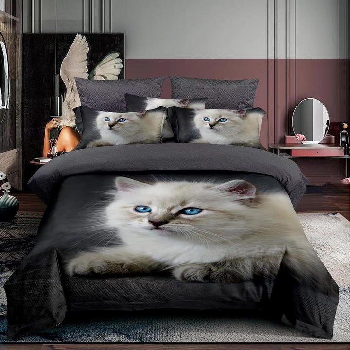 Спално бельо 1 лице Finet 3D памук 3 части 160 x 230 см, Коте със сини очи, Сиво, Pucioasa F1P21