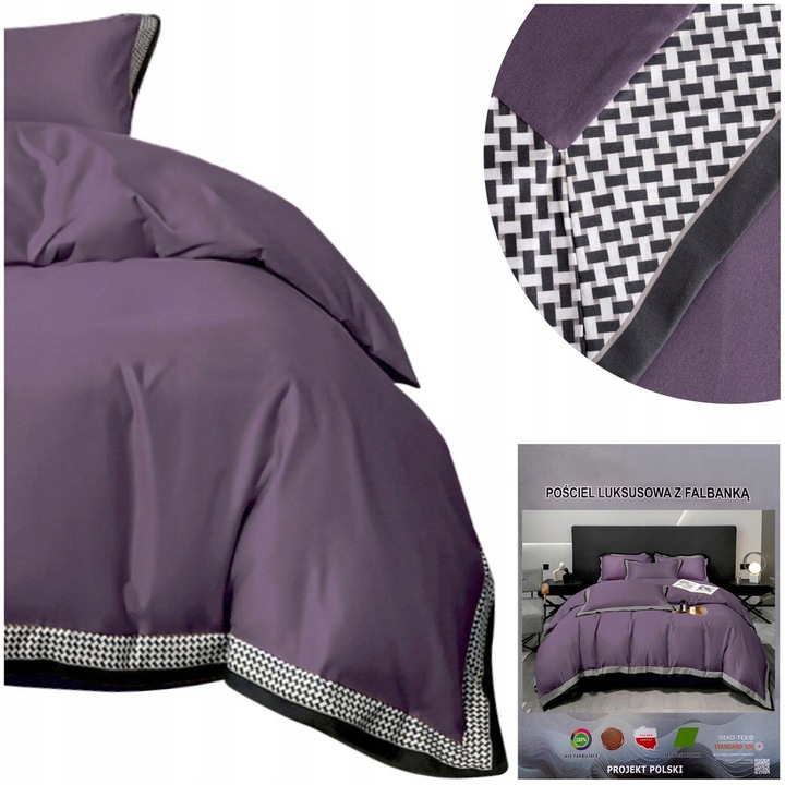 Lenjerie de pat luxoasa 200x220 cu volanas in carouri Cotton World, groasa, 3 piese, mov