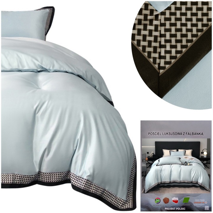 Set de lenjerie de pat de lux 160x200 cu volanas in carouri Cotton World, 3 piese, albastru deschis