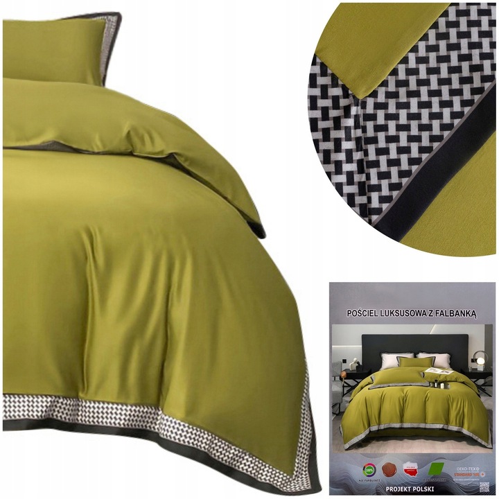 Set de lenjerie de pat de lux 160x200 cu volanas in carouri Cotton World, 3 piese, culoare olive