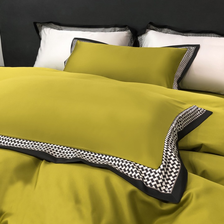 Lenjerie de pat luxoasa 200x220 cu volanas in carouri Cotton World, groasa, 3 piese, verde maslin