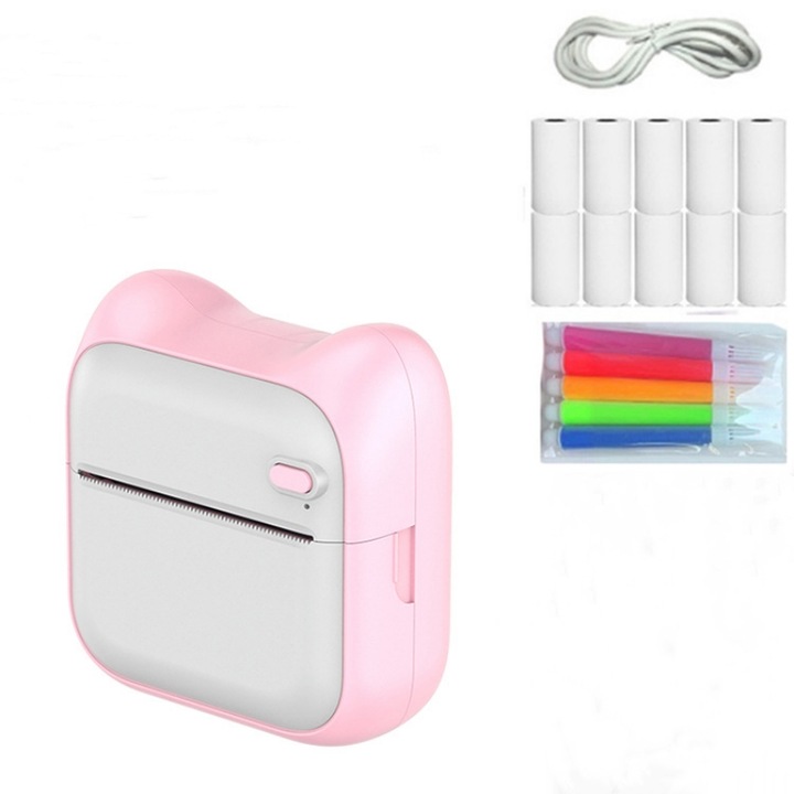 Мини печатен комплект/10 хартиени ролки/5 карти, BOMSTOM, Bluetooth, 1000mAh, Съвместим с iOS/Android, Бял/Розов