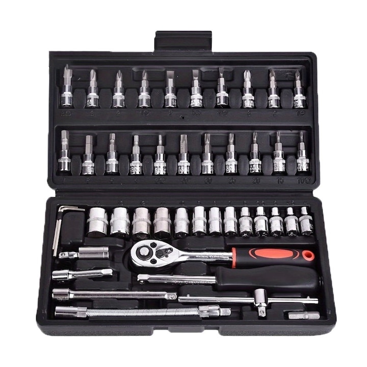 Racsnis kulcs készlet, WALALLA, króm-vanádium, tárolódoboz, 46 db, fekete/ezüst