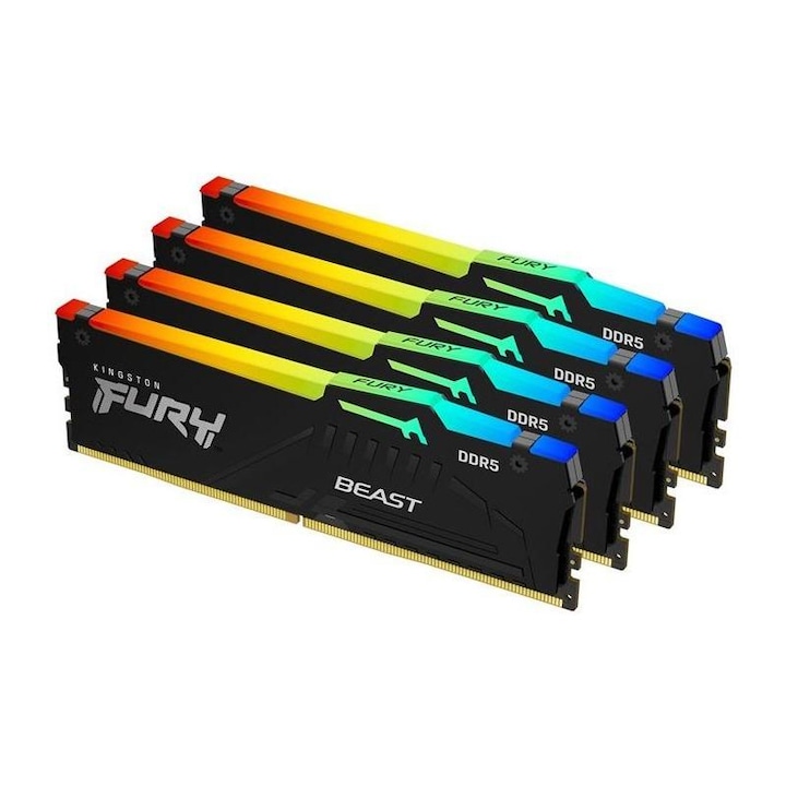 Kit 4 memorii Kingston Technology, Fury Beast, 128 GB, 5200 MT/s, DDR5, CL40 DIMM, RGB, Negru
