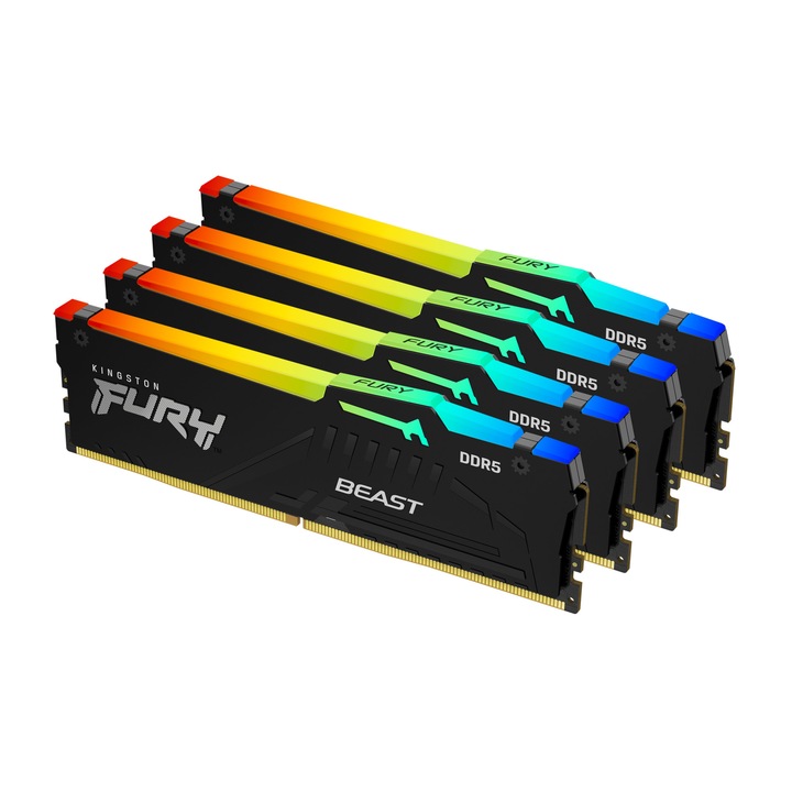 Kit 4 memorii Kingston Technology, FURY Beast, 64 GB, 5600 MT/s, DDR5, CL40 DIMM, RGB, Negru