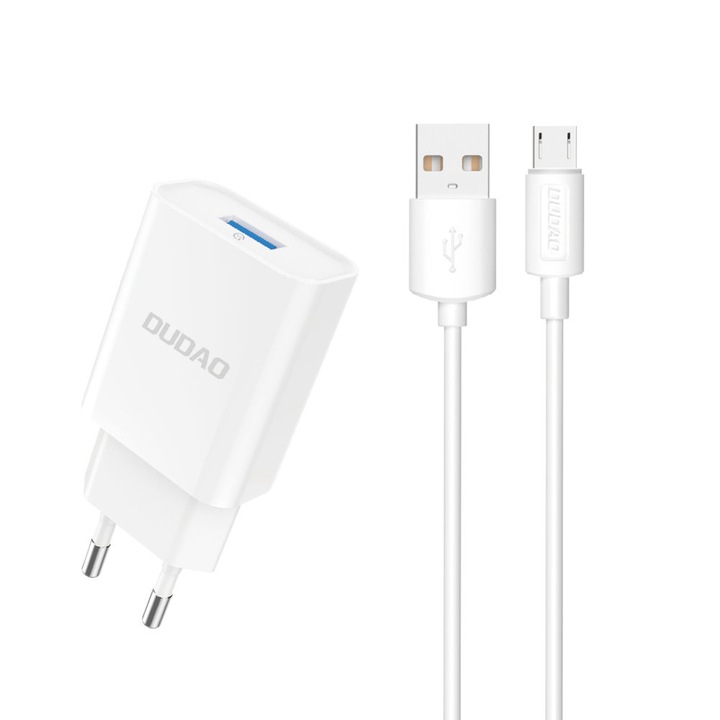 Incarcator retea Dudao A4EU, USB, 10W, 2.1A, Cablu MicroUSB inclus, Alb