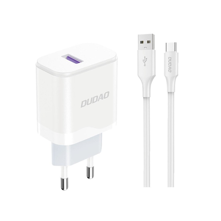 Incarcator retea Dudao A20EU, USB-A 18W, alb, cu cablu USB-A - USB-C