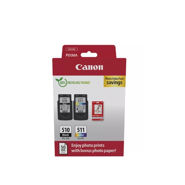 Canon pachet cartuse cearneala pg-510/cl-511 photo value pack capacitate negru: 9ml color: 9ml compatibil cu: pixma ip2700