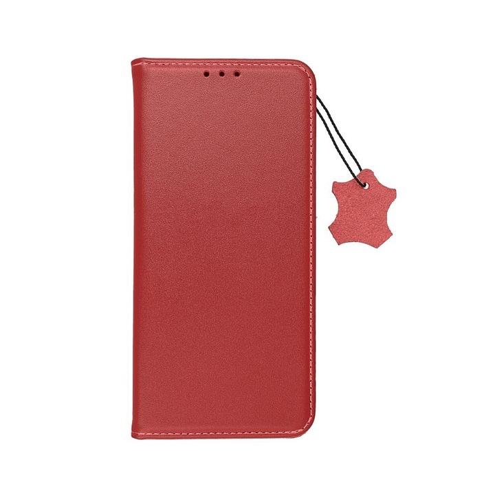 Естествен кожен капак Flip Cover, съвместим с Apple iPhone 15 Plus - Forcell Smart Pro Red