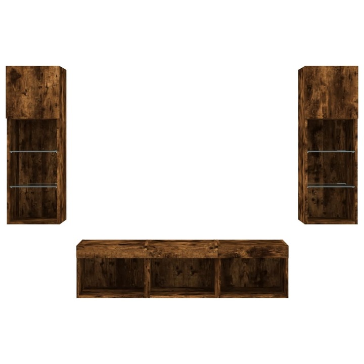 Unitati de perete TV cu LED-uri vidaXL, 5 piese, stejar fumuriu, lemn, 37 Kg