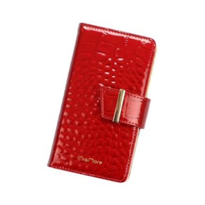 Husa telefon MiaMore L1789, piele naturala, textura lacuita crocodil, compartiment carduri, rosu, pentru iPhone 13