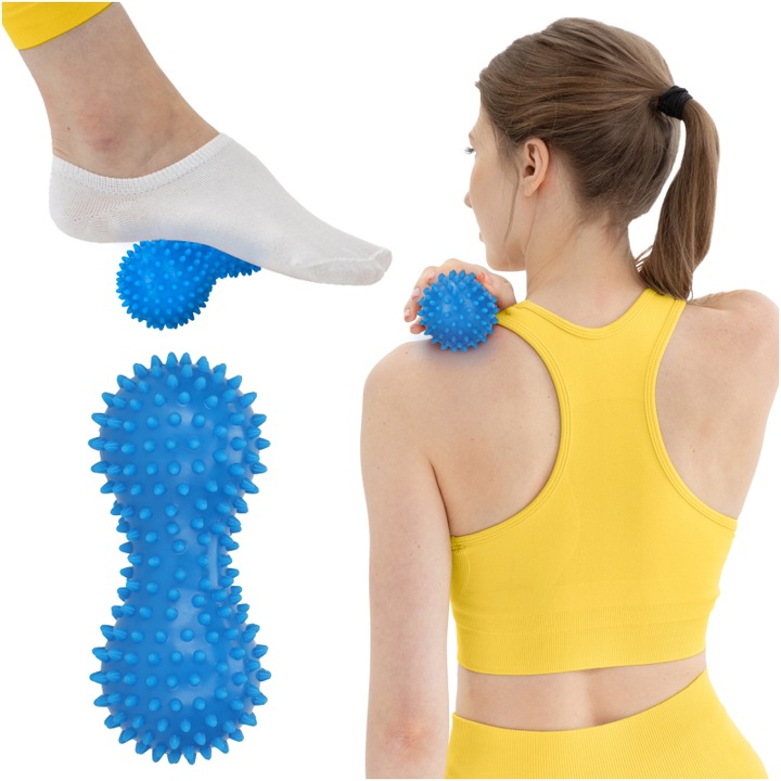 Minge dubla de masaj cu crampoane, 4FIZJO, pentru presopunctura, pentru relaxare musculara, 16 x 7 cm, PVC rigid, Albastru