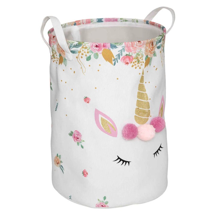 Cos pentru jucarii cu ciucuri, pliabil, 35 cm - unicorn