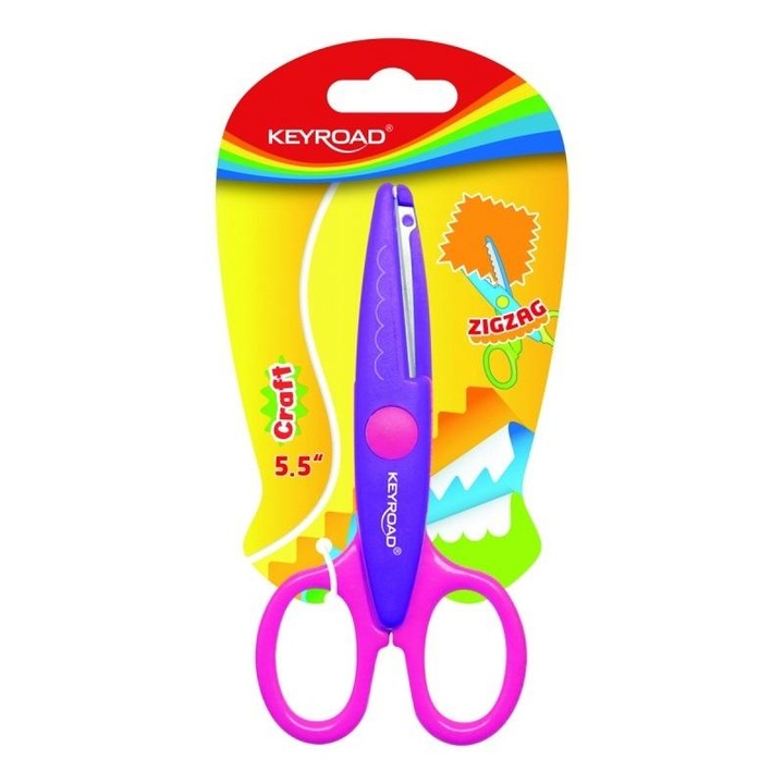 Keyroad Zigzag dekoratív iskolai olló 13 cm, cikk-cakk vágás, ergonomikus műanyag nyél, többszínű, 1 db.