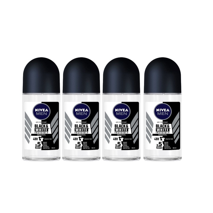 Set 4 x Deodorant Roll-On Nivea MEN 50ml, Black&White Invisible Original, Anti-urme albe, revirgorant, prospetime de durata, protectie 48h