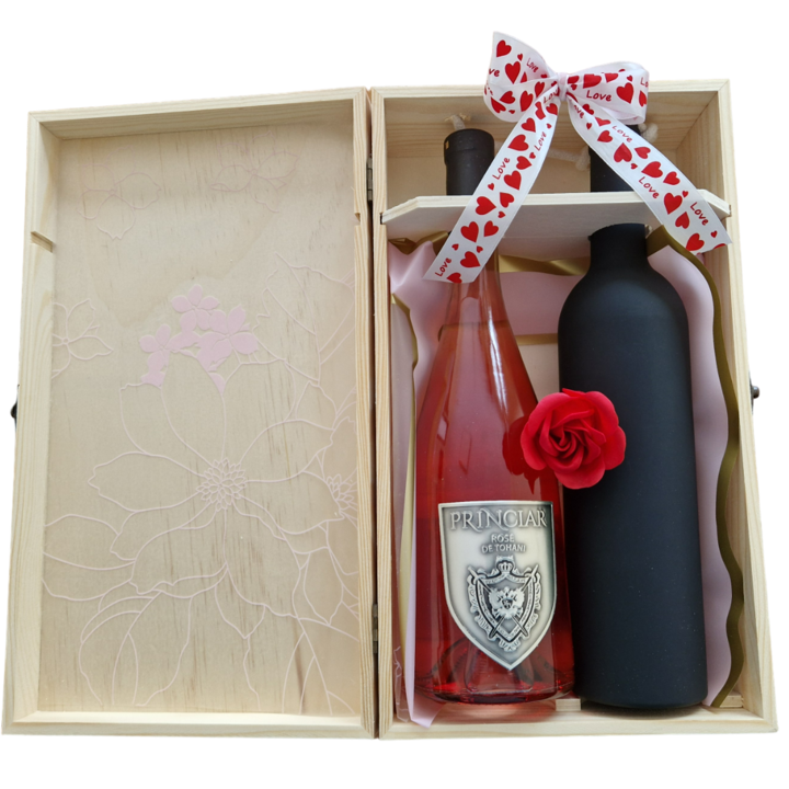 Pachet cadou cu Vin Princiar Rose, accesorii pentru vin in cutie in forma de sticla, Cutie lemn vin