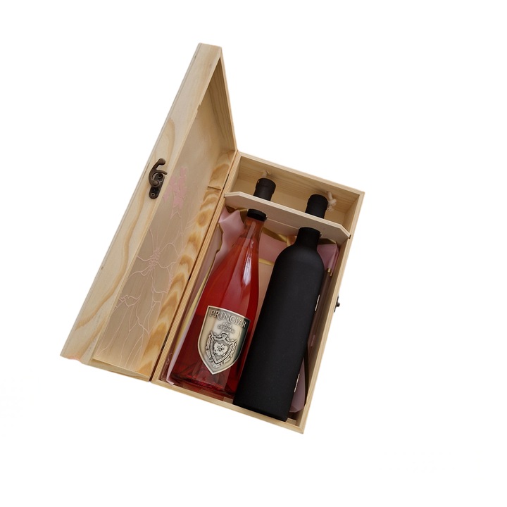 Pachet cadou cu Vin Princiar Rose, accesorii pentru vin in cutie in forma de sticla, Cutie lemn vin