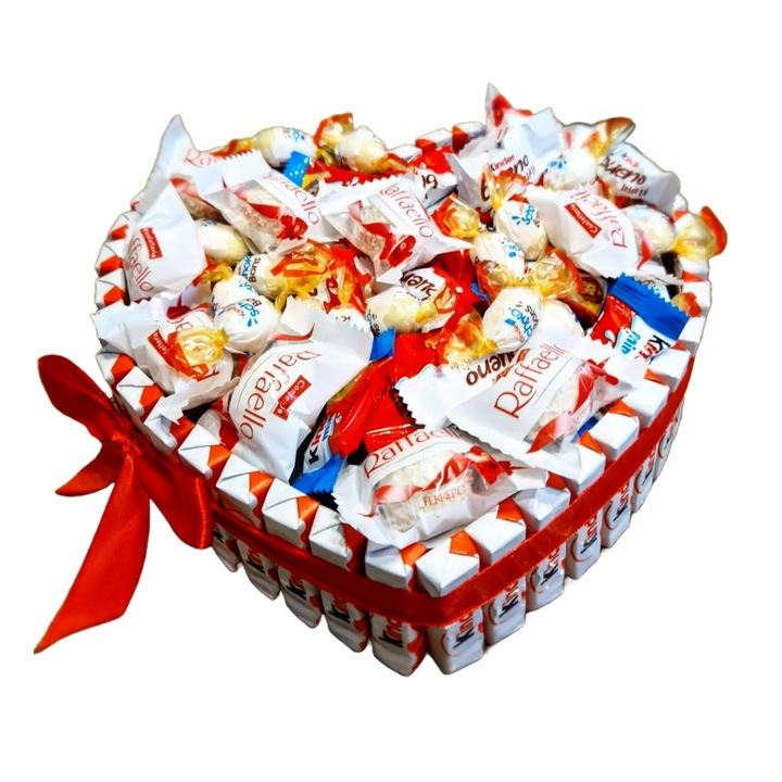 Cadou in forma de inima cu batoane de ciocolata si diverse sortimente de praline, 70 de produse