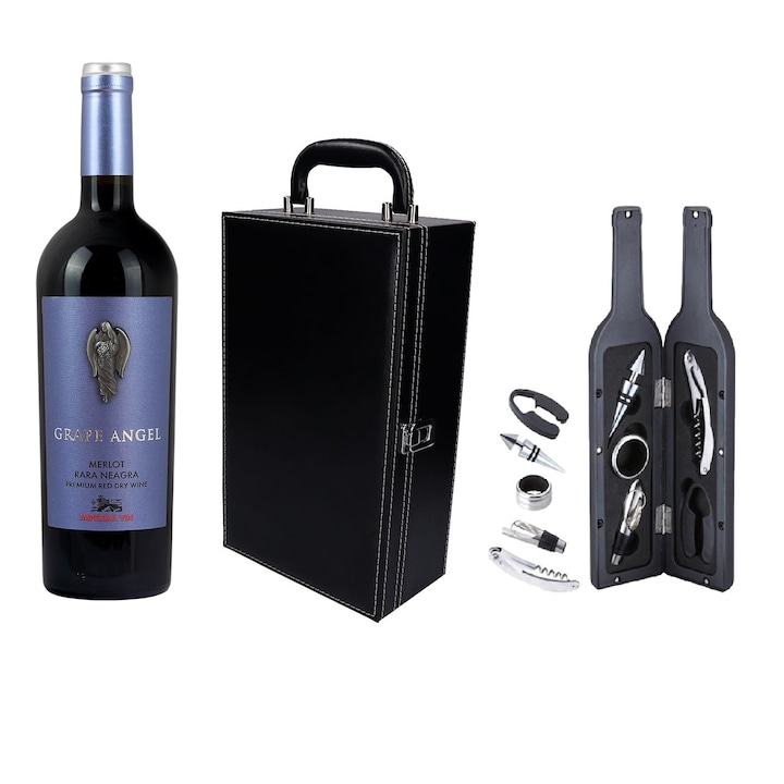 Set cadou pentru barbati Angel Wine Box cu vin Imperial Grape, accesorii pentru vin in cutie in forma de sticla, cutie transport si protectie vin