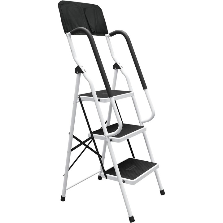 Scara pliabila cu 3 trepte DAWNYIELD, Picioare Anti - alunecare, cu Sac de Unelte datasabil, Metalica, Alb/Negru