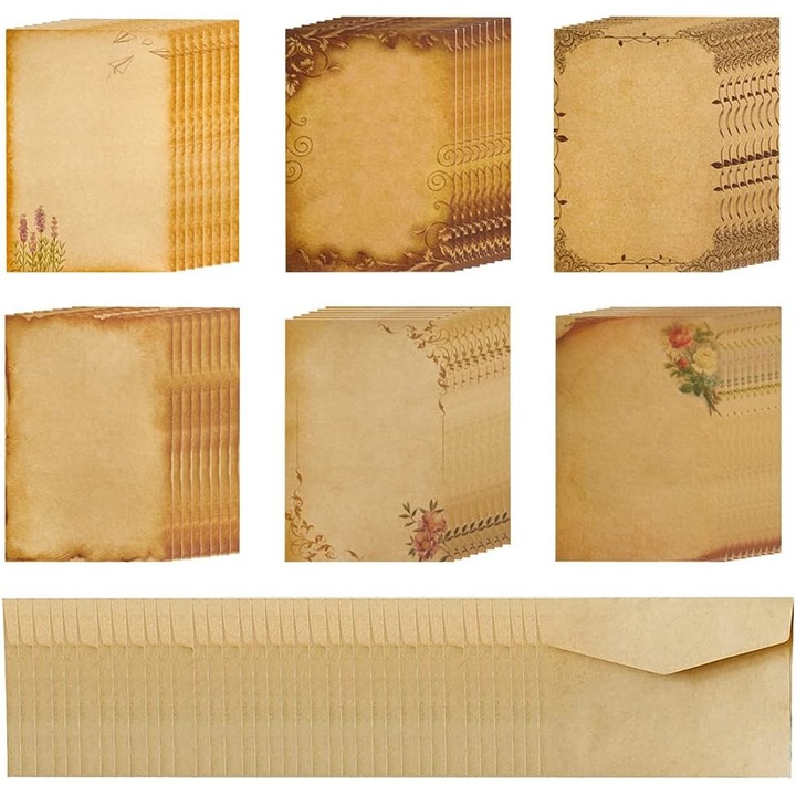 Комплект пликове и хартия, за покани, картички и поздравления, от Craft Paper, Hand - Made, Персонализирани канцеларски материали за партита, сватби, кръщенета, Античен винтидж стил, 72 части, Бежов