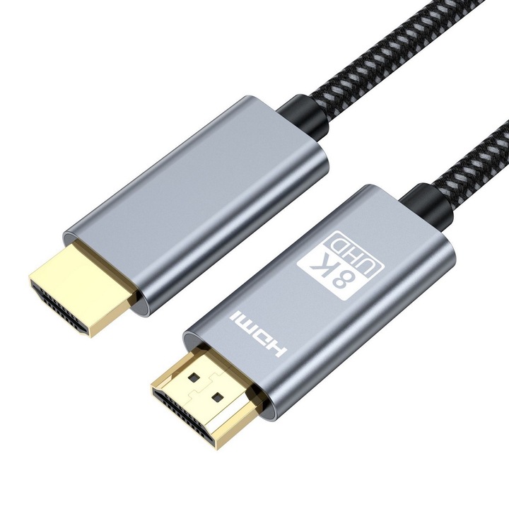 Кабел HDMI 2.1, ултра висока скорост, HDR, eARC, 8K@60Hz, 4K@120Hz, 48Gbps, 5m, черен/сребрист