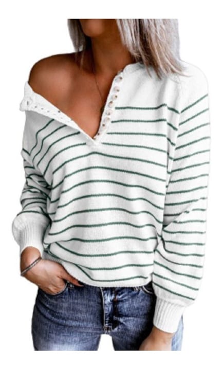 Fehér, zöld, csíkos félvállas női pulóver, XL-es méret, Maxwinee