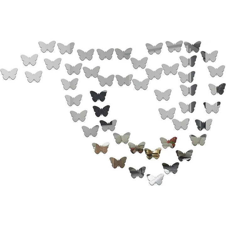 Set 100 Oglinzi acrilice autoadezive fluturi, pentru decorarea peretilor, 40 buc x 4 cm si 60 buc x 3 cm, Argintiu - Enz Shop