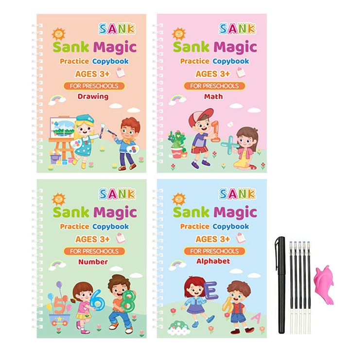 Set cu 4 caiete de lucru si stilou magic pentru scris si desenat Sank Magic, rechizite scolare, multicolor, 18.8 cm X 13 cm